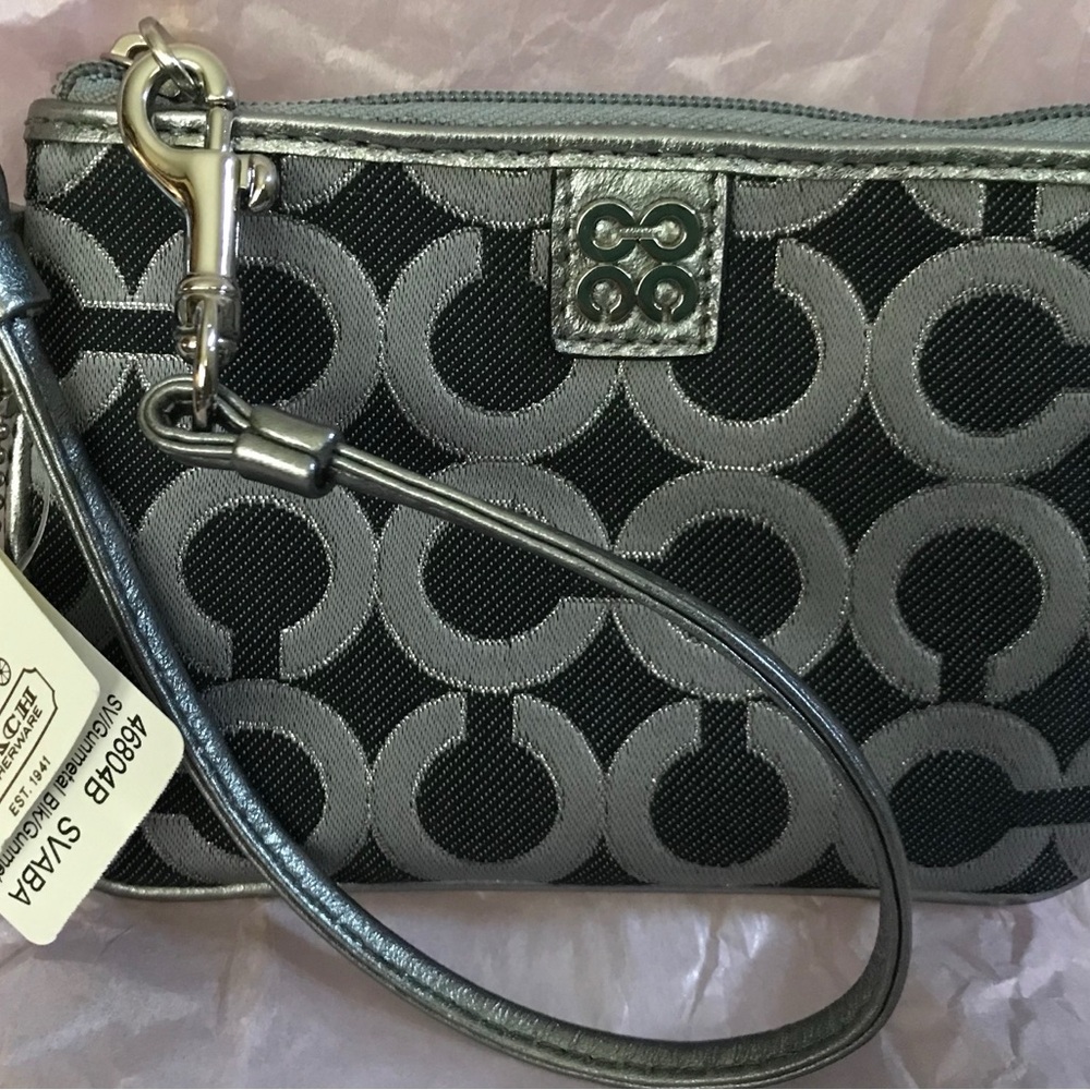 Coach Silver and Black Signature Wristlet Clutch